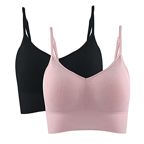 Sfit Sujetador Deportivo Mujer Camisola sin Costuras 2/3pack Almohadilla Desmontable Sujetador sin Espalda Baja en Forma de U Bandolera Ajustable Bra sin Aro para Yoga Deportes(Negro + Rosa, L)