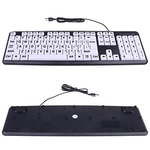 Sidougeri Teclado con cable USB para juegos de ordenador con teclado de alto contraste de impresión grande teclas blancas letra negra