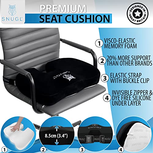 SNUGL Cojín de coxis con correa – Cojín de asiento para ciática, coxis, espalda, dolor de cadera, alivio de presión ortopédico, silla de oficina, asiento de coche o silla de ruedas (negro)