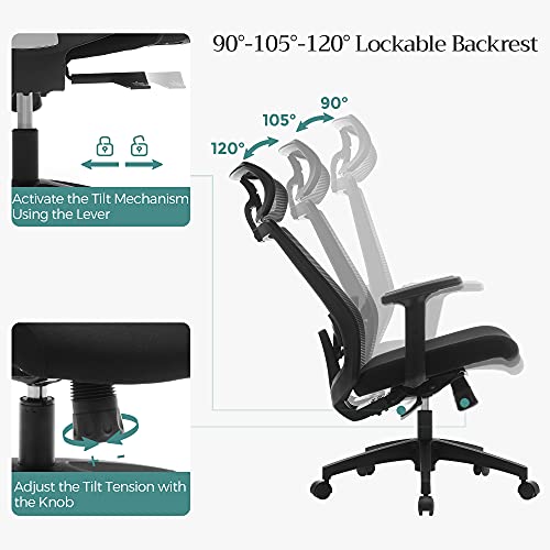 SONGMICS Silla de Oficina de Malla, Silla de Escritorio, Giratorio de 360°, Soporte Lumbar Ajustable, Apoyacabezas y Apoyabrazos, Inclinación del Respaldo hasta 120°, Negro OBN55BK