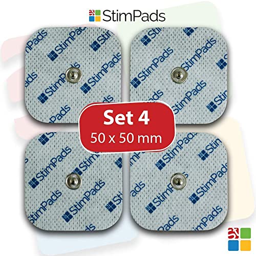 StimPads, 50X50mm, Pack de 4 unidades de alto rendimiento High Performance, electrodos TENS - EMS de larga duración con conector universal tipo snap de 3.5mm