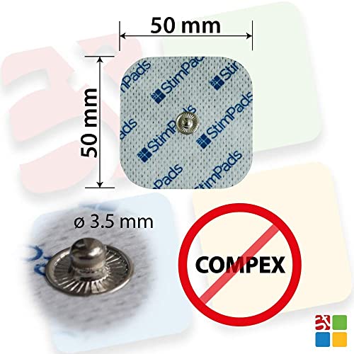 StimPads, 50X50mm, Pack de 4 unidades de alto rendimiento High Performance, electrodos TENS - EMS de larga duración con conector universal tipo snap de 3.5mm