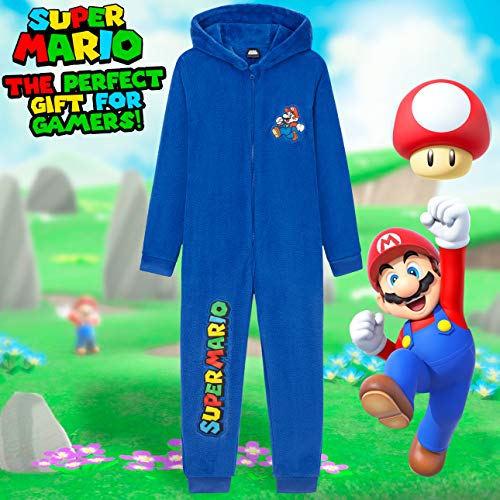 Super Mario Pijama Niño de Una Pieza, Pijama Entero con Mario Bros, Pijamas Niños de Forro Polar con Capucha, Regalos para Niños y Adolescentes 4-15 Años (Azul, 11-12 años)