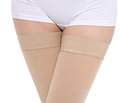 TOFLY Muslo alto mangas de compresión, compresión de gradiente de 20-30 mmHg con banda de silicona, medias de compresion clase 2, opacas, calcetines de compresión, hinchazón del tratamiento, Beige XL