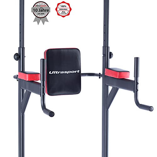 Ultrasport Power Tower Estación Multifuncional de Entrenamiento, Torre de Musculación y Fitness, Dip Station, Barra de Dominadas, Asas para Flexiones, Tamaño Regulable, Negro, 83 x 65 x 190-230 cm