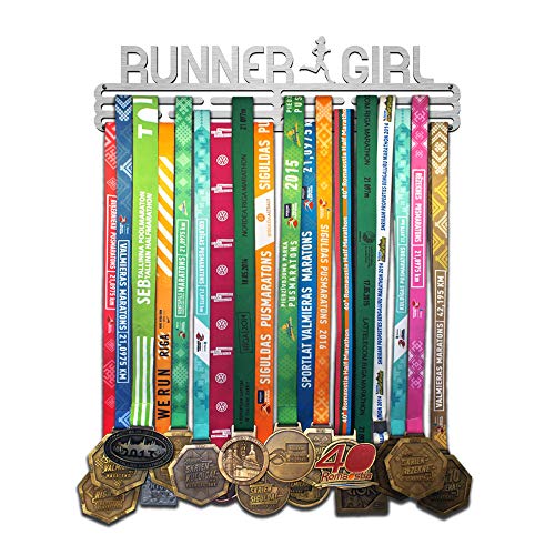 United Medals Runner Girl Medalla Percha | Acero Cepillado (43cm / 48 Medallas) Soporte para Medallas Deportivas