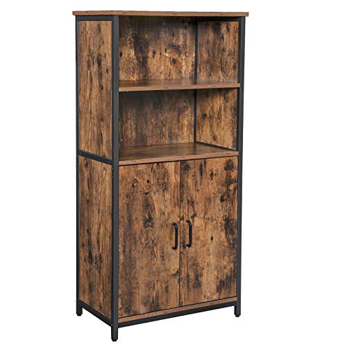 VASAGLE Aparador con Vitrina, Estantería, Librería, para Sala de Estar, Cocina, 2 Compartimentos Abiertos y 1 Cerrado con Puerta Doble, Estructura de Acero, Marrón Rústico y Negro LSC66BX