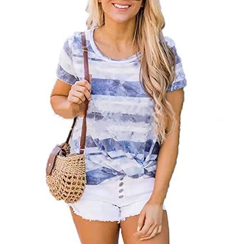 VEMOW Blusas y Camisa Camisetas Manga Corta Mujer Elegantes 2021 Básico T-Shirt Cuello en V, Informal Suelto Taping Blusa Tops Moda Rayas de Tie Dye Tallas Grandes Verano Fiesta Tshirt(Azul,S)