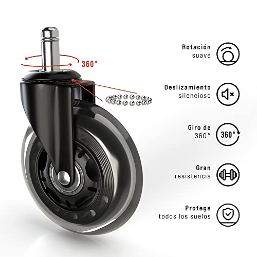 Vendix 5X Ruedas para Silla de Oficina silenciosas y sin arañazos - Ajuste Universal Ruedas de Silla de Escritorio para Suelos Duros, Ideales para parquet, laminados y Alfombra (10 x 22 mm)