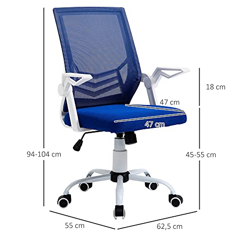 Vinsetto Silla de Oficina Ergonómica Silla Escritorio Giratoria con Altura Ajustable Reposabrazos Abatible Soporte Lumbar y Respaldo Transpirable 62,5x55x94-104 cm Azul