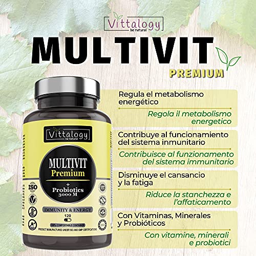 Vittalogy Multivit Premium. Multivitaminas Con Sales Minerales y Probióticos. Combate El Cansancio Y Aumenta Las Defensas. Hombre Y Mujer. Mejora En El Deporte Y Estudio. 120 Cápsulas.