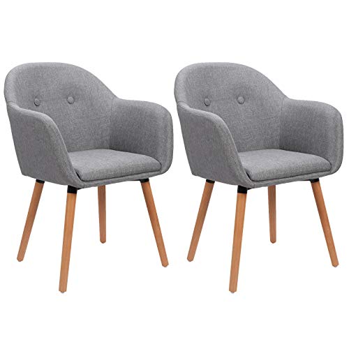 WOLTU 2X Sillas de Comedor Nordicas Estilo Vintage Juego de 2, Sillas de Cocina Sillas Tapizada con Reposabrazos en Lino, Estructura de Madera Sillas de Escritorio Gris Claro BH94hgr-2