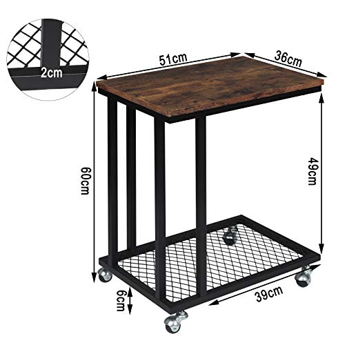 WOLTU Mesa Auxiliar Mesa de Centro Mesita de Noche Mesa Portátil con Ruedas Mesas Nido con Espacio de Almacenamiento en Red Metal y MDF Madera 51x36x60cm Vintage TS112hov