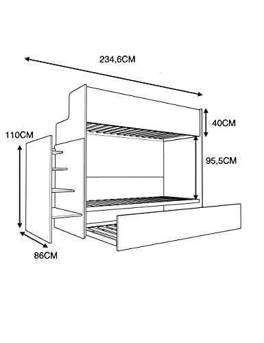 Woody - Litera funcional de diseño, con tercera cama extraíble y elevable, 80 x 190 cm, escalera de contención incluida, roble y blanco