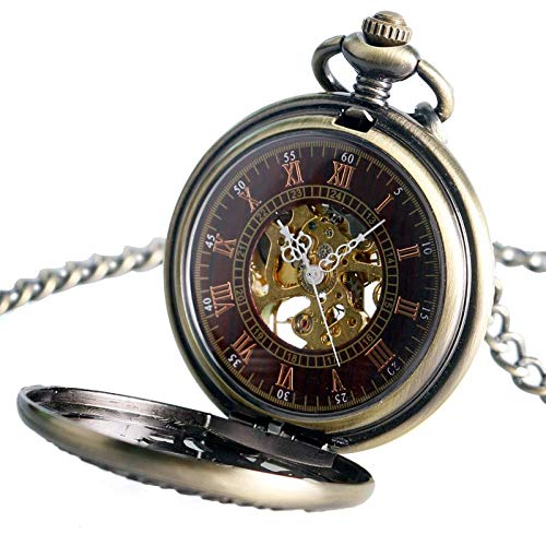 XYSQWZ Reloj De Bolsillo Grúa Tallada En Bronce Mujeres Mecánicas Hombres Retro Esqueleto Cadena Collar De Cuerda Manual Números Romanos