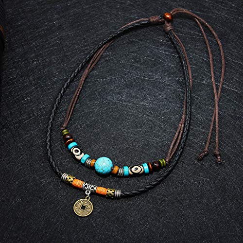 Yushu Collar vintage de la tribu antigua hombre ajustable cáñamo negro turquesa perla gargantilla hecho a mano collares para mezclilla o ropa casual