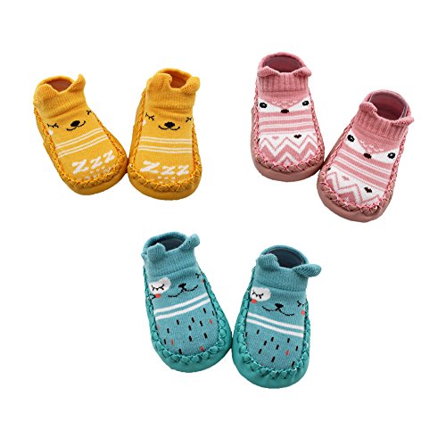 Z-Chen Pack de 3 Pares Zapatillas para Bebé con Suela Antideslizante, Amarillo + Rosa + Azul, 6-12 Meses