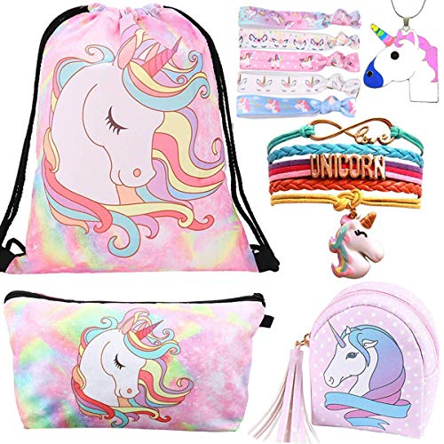 10 Paquete Lindo Unicornio Mochila con cordón/Maquillaje/PU Monedero Bolsos de Embrague/Collar de Cadena de aleación/Unicornios para el Cabello para niñas (Style 4)