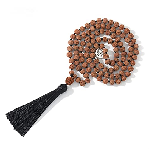 108 Natural Rudraksha Mala Beads Yoga Meditación Tassel Japamala Collar for Mujeres Colgante con Borla Negra Piedra de Cura Aire Delgado Espíritu Malvado Dinero Dibujo Riqueza (Color : S-N0092)