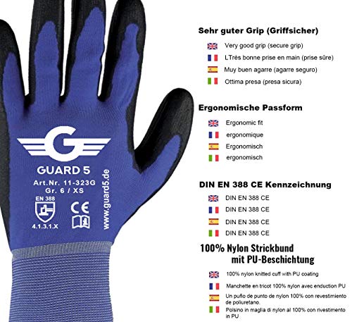 12 pares de guantes de trabajo, GUARD 5, un guante de trabajo de poliuretano con excelente agarre y características de montaje según la norma EN388 (6/XS)