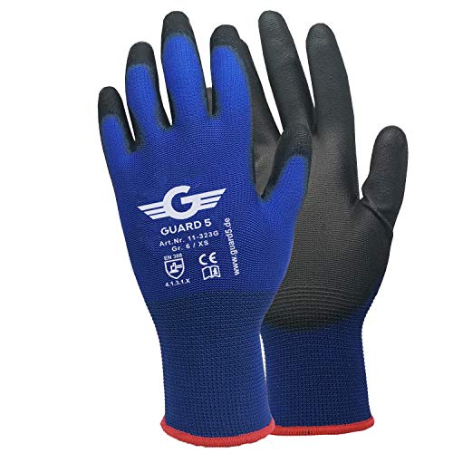 12 pares de guantes de trabajo, GUARD 5, un guante de trabajo de poliuretano con excelente agarre y características de montaje según la norma EN388 (6/XS)