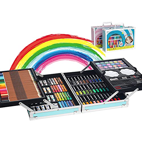 145 Set de Pintura Niños, Caja de Aluminio portátil Deluxe y Kit de Dibujo, Profesional Lápices de Colores Conjunto de Dibujo Artístico，Juego de Arte para niños Adultos, Regalos de cumpleaños(Azul)