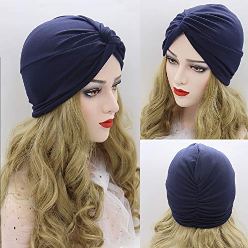 2 Piezas Gorros Turbantes para Mujer Cancer Pañuelos Cabeza Mujer Gorros de Dormir Algodón Elástico Frontal Cruzado Gorro Turbante Pelo Mujer para Pérdida de Pelo (Azul Marino+Caqui)