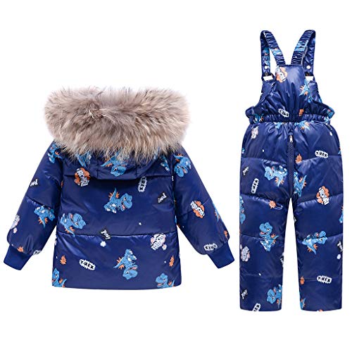 2 Piezas Niños Traje de Nieve de Invierno, Niñas Capucha Chaqueta de Plumón de Pato + Nieve Pantalones Babero Dinosaurio Ropa Conjuntos Azul 2-3 Años