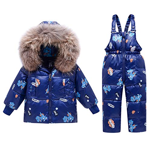 2 Piezas Niños Traje de Nieve de Invierno, Niñas Capucha Chaqueta de Plumón de Pato + Nieve Pantalones Babero Dinosaurio Ropa Conjuntos Azul 2-3 Años