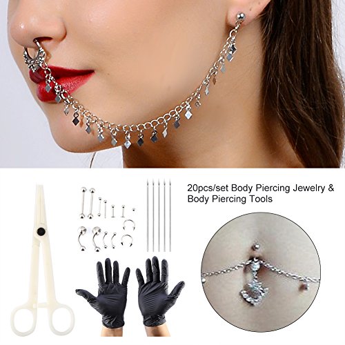 20 pcs / set Body Piercing Kit Profesional agujas de perforación de acero inoxidable anillos piercing y guantes para nariz, labio, pezón, uñas, con anillo