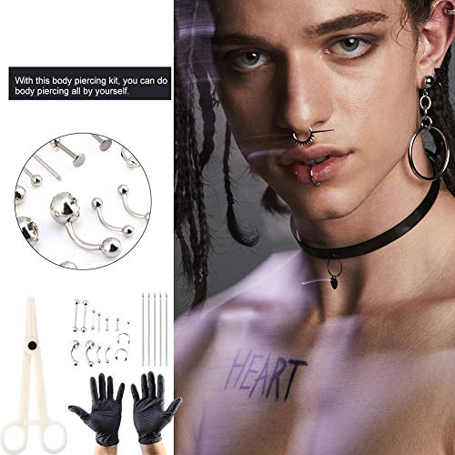 20 pcs / set Body Piercing Kit Profesional agujas de perforación de acero inoxidable anillos piercing y guantes para nariz, labio, pezón, uñas, con anillo