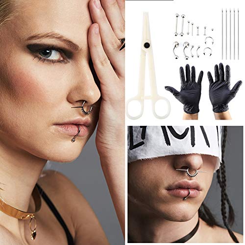 20 pcs / set Body Piercing Kit Profesional agujas de perforación de acero inoxidable anillos piercing y guantes para nariz, labio, pezón, uñas, con anillo