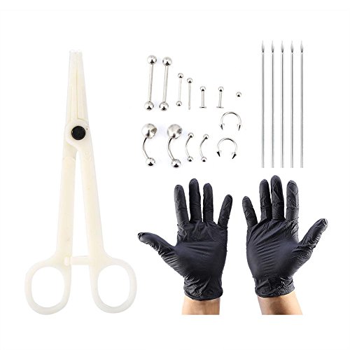 20 pcs / set Body Piercing Kit Profesional agujas de perforación de acero inoxidable anillos piercing y guantes para nariz, labio, pezón, uñas, con anillo