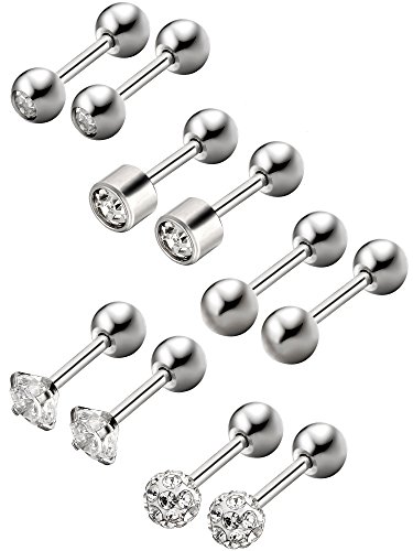 5 Pares de Pendientes de Perno de Acero Inoxidable Pernos de Bola Redonda Pendientes de Barra con Pesas de Zirconia Cúbica Piercing de Hélice para Trago Cartílago Oreja, 5 Estilos