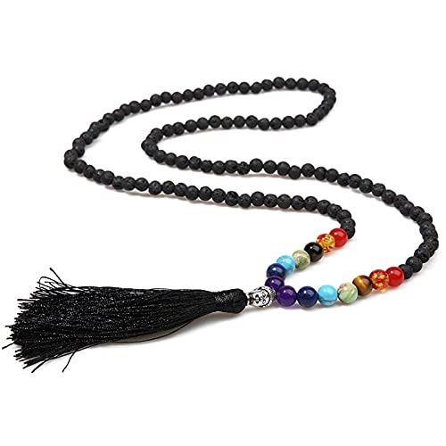 6 mm Piedra volcánica Natural 8 mm Chakra con Cuentas for recolección de Aniversario Oración Buddha Cabeza Tassel Colgante Hombres y Mujeres Collar Malvado espíritu Dinero Dibujo Riqueza Fortuna