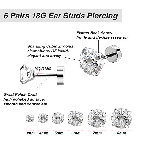 6 Pares 18G Aretes de Perno de Zirconia Cúbica de Acero Inoxidable Piercing de Barra con Pesas Piercing de Cartílago Oreja Helix Tragus, 6 Tamaños