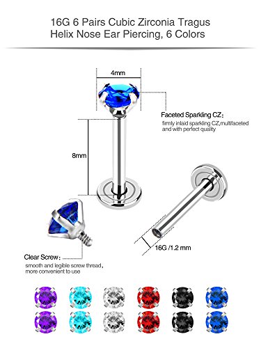 6 Pares de Pendiente de Acero Inoxidable 16 Gauge Pernos de Oreja de Zirconia Cúbica con Espalda de Tornillo Plano para Piercing de Nariz de Hélice Cartílago Tragus, 6 Colores