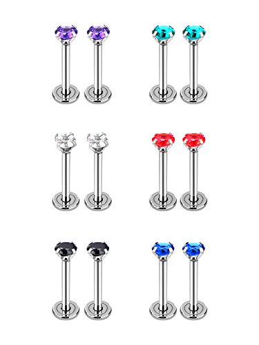 6 Pares de Pendiente de Acero Inoxidable 16 Gauge Pernos de Oreja de Zirconia Cúbica con Espalda de Tornillo Plano para Piercing de Nariz de Hélice Cartílago Tragus, 6 Colores