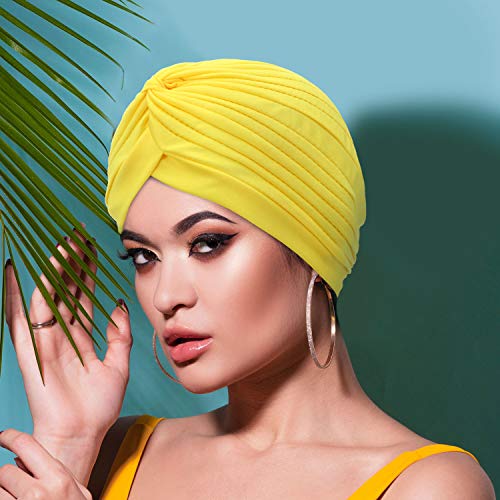 6 Piezas de Gorro Turbante para Mujeres Gorro Suaves de Algodón con Turbante Gorro Plisado Gorro de Pérdida de Cabello (Rojo de Vino, Azul, Rojo de Rosa, Blanco, Azul Real, Naranja)