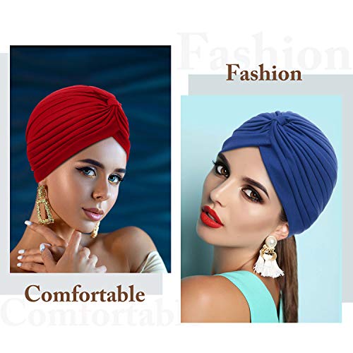 6 Piezas de Gorro Turbante para Mujeres Gorro Suaves de Algodón con Turbante Gorro Plisado Gorro de Pérdida de Cabello (Rojo de Vino, Azul, Rojo de Rosa, Blanco, Azul Real, Naranja)