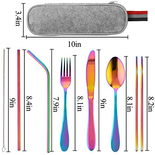 8 Pcs Cubiertos Portátiles, Juego de Cubiertos Acero Inoxidable,Cubertería de Cámping,Cubiertos De Viaje, Incluye Cuchillo, Tenedor, Cuchara, Palillos, Cepillo de Limpieza, Pajitas y Bolsa De Tela