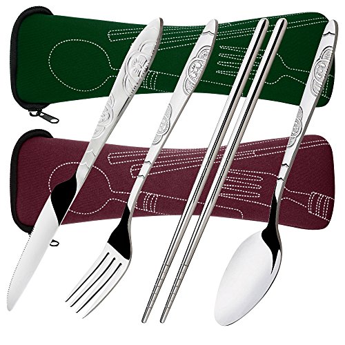 8 piezas Mostrada Conjuntos De Cuchillo, Tenedor, Cuchara, Palillos, SENHAI 2 Pack de vajilla con estuche e para viajar Camping Picnic Excursionismo(rojo marrón, verde oscuro)