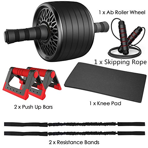 Abdominales Casa Gimnasio Musculacion, Rodillo de Rueda, AB Wheel Roller, 2 Soportes para Flexiones + 2 Bandas de Resistencia+Comba Cuerda Saltar, Deportes Equipo Ejercicio en Casa Mujer Hombre