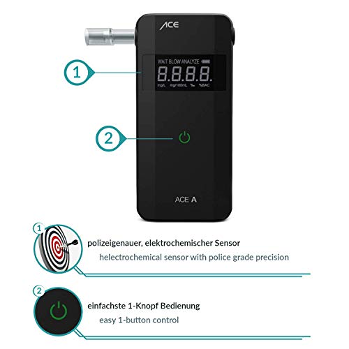 ACE A Alcoholímetro Profesional de Alta Precisión - Test de Alcoholemia Digital Electroquímico Preciso - Probador Portátil de Alcohol con Resultados Rápidos