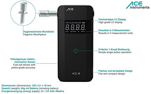 ACE A Alcoholímetro Profesional de Alta Precisión - Test de Alcoholemia Digital Electroquímico Preciso - Probador Portátil de Alcohol con Resultados Rápidos