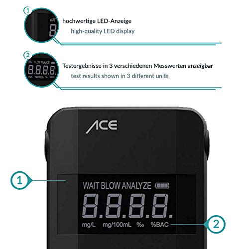 ACE A Alcoholímetro Profesional de Alta Precisión - Test de Alcoholemia Digital Electroquímico Preciso - Probador Portátil de Alcohol con Resultados Rápidos