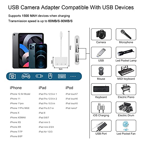 Adaptador de Cámara USB,Adaptador USB OTG Hembra 3 en 1 Adaptador Light-ning a Dual USB con Cable de Carga Sincronización de Datos,Compatible con Phone 11/X/XS/XR/8/7/6 y Pad,Compatible con iOS 13