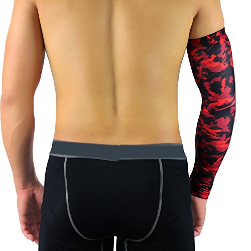 Aesy Sports Manguitos, 1 Pcs Codo Pads Manga Poliéster Spandex Respirable Anti Resbalón Quitasol Elástico Brazos Envolver Protector, para Ciclismo/Golf/Baloncesto (M, Boceto Rojo)