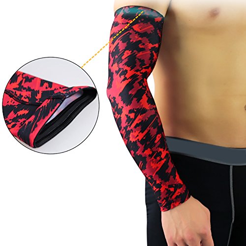 Aesy Sports Manguitos, 1 Pcs Codo Pads Manga Poliéster Spandex Respirable Anti Resbalón Quitasol Elástico Brazos Envolver Protector, para Ciclismo/Golf/Baloncesto (M, Boceto Rojo)