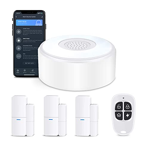 AGSHOME Alarma para Vivienda con Mando a Distancia, 3 Ventanas y Alarma de Puerta, 1 Mando a Distancia, Ampliable, Sistema de Alarma de Puerta, App Alarma a través de la Red móvil (Juego de 5 Piezas)